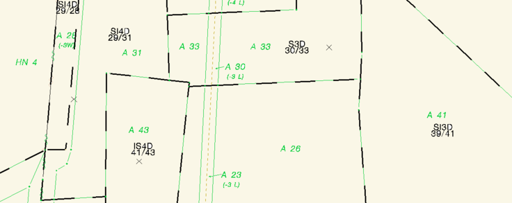 Ausschnitt aus einer Wertermittlungskarte: Die Bodenschätzung ist in Schwarz als Hintergrundinformation dargestellt. und im Liegenschaftskataster eingtragen. Die Ergebnisse der Wertermittlung der Flurbereinigung sind in Grün dargestellt.