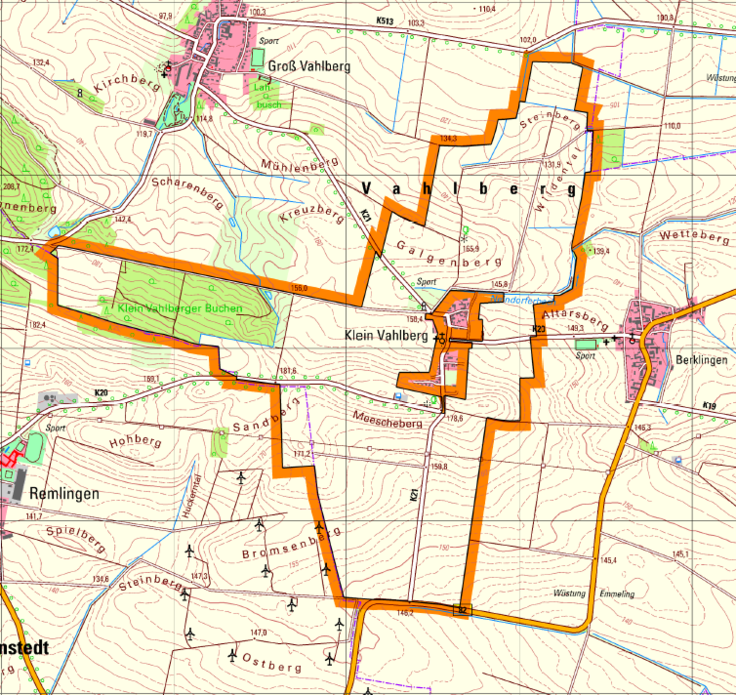 Gebietsabgrenzung der geplanten Flurbereinigung Klein Vahlberg