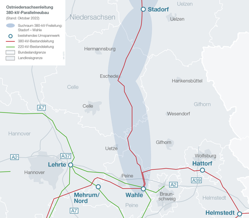 Landkarte mit eingezeichnetem Suchraum für 380-kV-Ostniedersachsenleitung